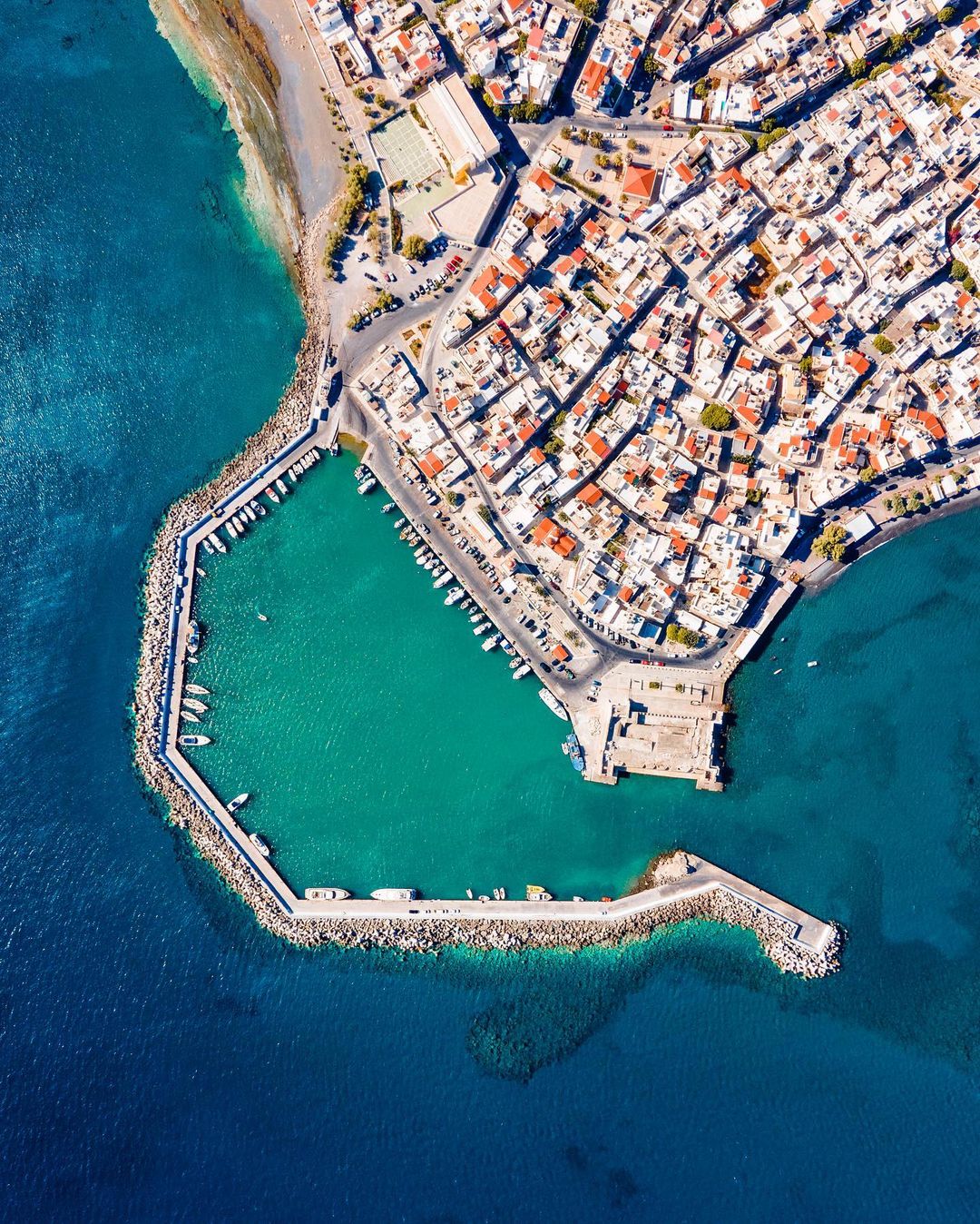Aerial view of Ierapetra harbour and Kales Fortress in southeast Crete