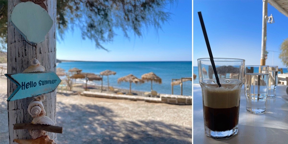 Beach umbrellas and iced coffee at Diaskari Beach near Makrigialos in southeast Crete