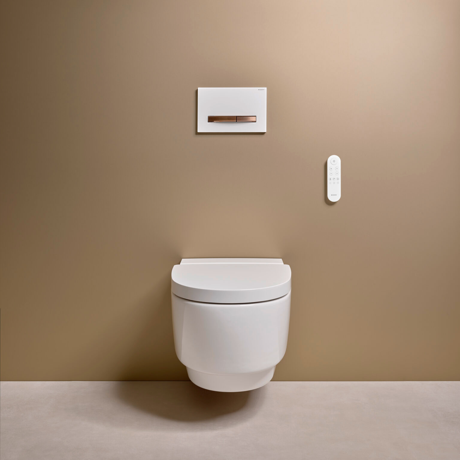 Wall-mounted Geberit AquaClean Mera shower toilet with remote control