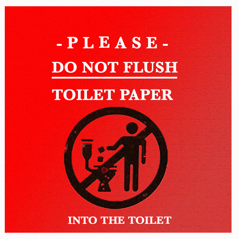Red bathroom sign about toilet paper in Greece, asking guests not to flush it